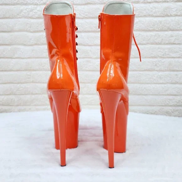 Flamingo Bright Orange Patent Towering 8" High Heel Platform Ankle Boots - Picture 4 of 11